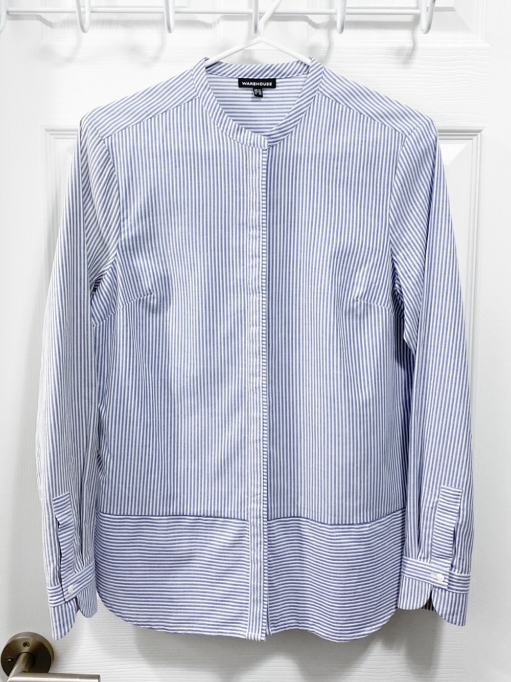Warehouse Blue and White Striped Band-Collar Shirt - Like New